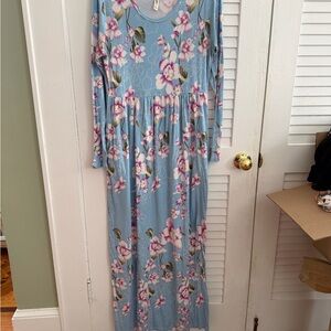Dusty Blue Floral Long Sleeve Maxi Dress – Boho Romantic